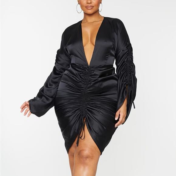 NWT PrettyLittleThing Mini Dress Womens 18 Black Satin Plunge Ruched Cocktail - Picture 1 of 6